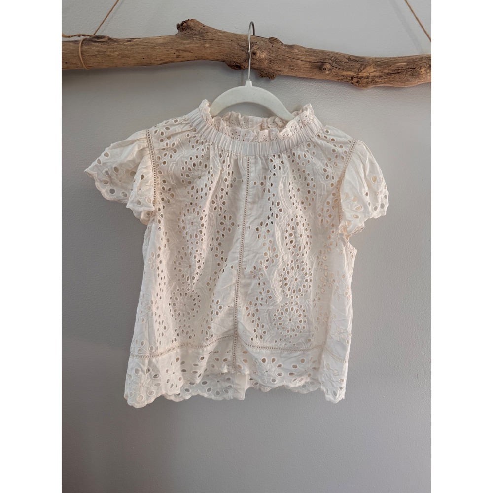 Jennifer‎ & Grace Ecru Eyelet Ruffle Neck Flutter Sleeve Button Back Top